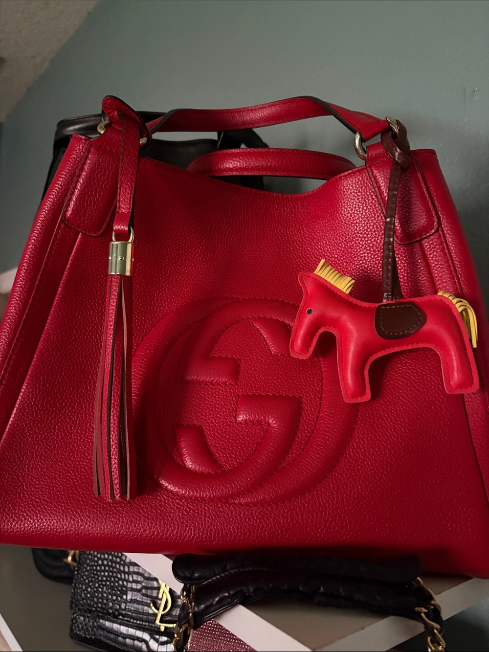 Gucci Red Leather soho Tote Handbag with Tassel